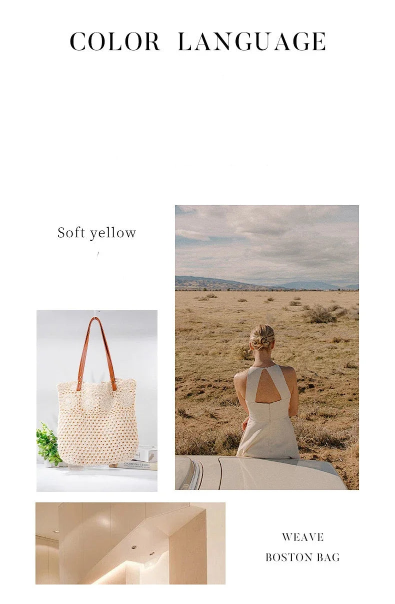 Ladies Beach Leisure Shoulder Bags Women's Summer Artistic Weaving Crochet Tote Handbags Female Retro Hollow Solid Crossbody Bag
