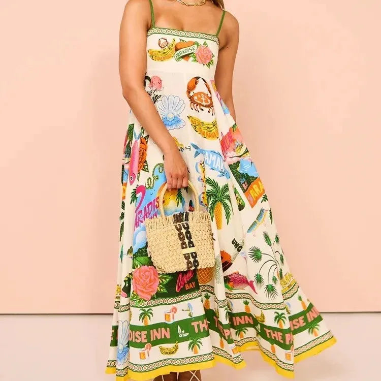 Sexy Off-Shoulder Graffiti Cotton Linen Print Maxi Dress Women's New Hot Sale Of The Season Sleeveless Loose Fit Gown for Women