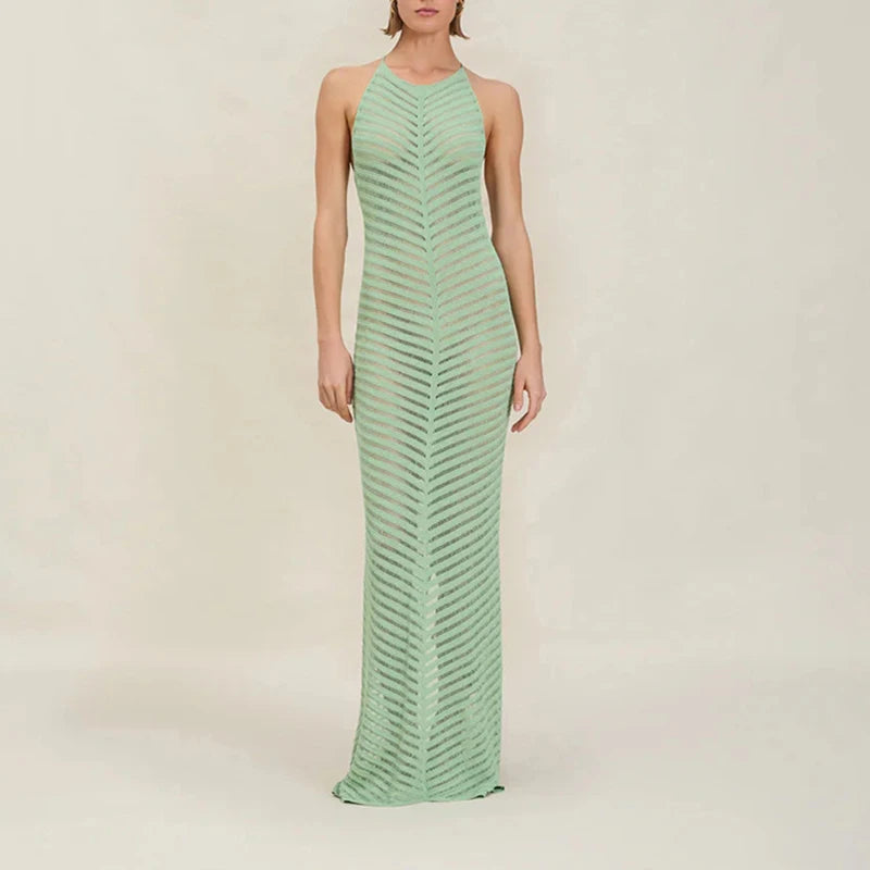 Women's O Neck Halter Knitted Long Dress Sexy Perspective Slim Sleeveless Beach Dress Fashion Backless Bodycon Wrap Hip Dresses