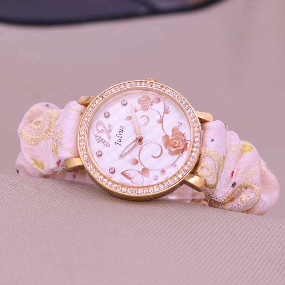 Rose Flower Japan Quartz Lady Women's Watch Elegant Lattice Fashion Hour Bracelet Elastic Watch Band Girl's Gift Julius No Box