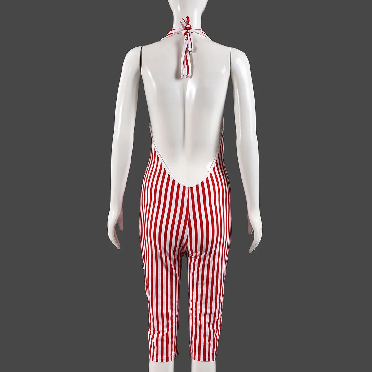 FAGADOER Casual Striped Patchwork Bodycon Romper Women Red Halter Deep V-neck Backless Jumpsuit Female Streetwear Overalls New