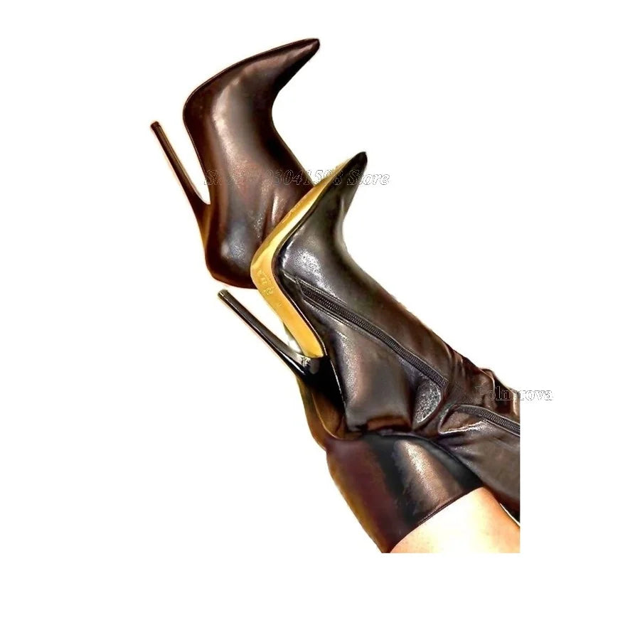 Black Leather Calf Boots Fall New Zipper Women Boots Fine Heel Pointed Toe Boots High Heels Party Boots 2023 Zapatos Para Mujere