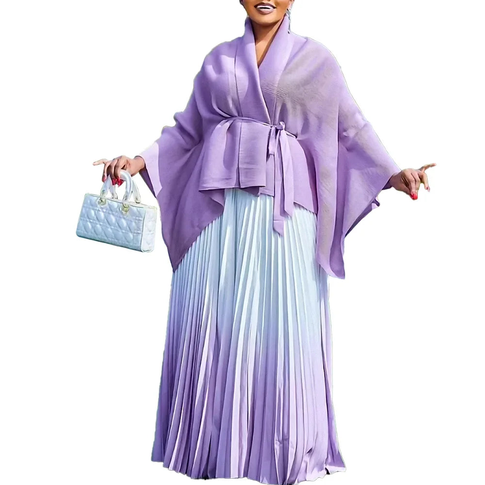 CM.YAYA Gradient Women's Set Full Sleeve Belt Blouse Shirt +Pleated Long Skirts Suit Street Two 2 Piece Set Outfit Tracksuit