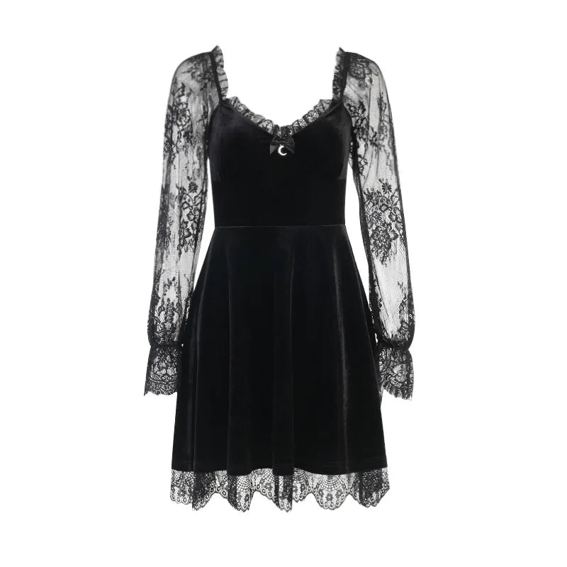 Y2K Hollow Cuffs Strapless Sexy Gothic Lace Dress Dark Style Pleated Knee-length Skirt Women‘s Slim Fit Fashion Women's Clothing