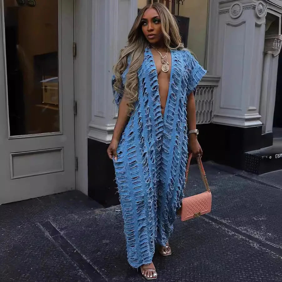 CM.YAYA Women Cutout Hollow Out Deep V-neck Loose Straight Wide Leg Denim Jumpsuit Jeans 2024 Sexy Street  One Piece Suit Romper