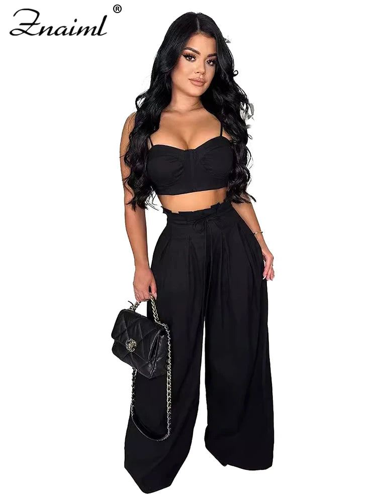 Znaiml Fashion Two 2 Piece Pants Sets Women Clothing Strap Sleeveless Top and Wide-leg Pants Elegant Streetwear Matching Suit