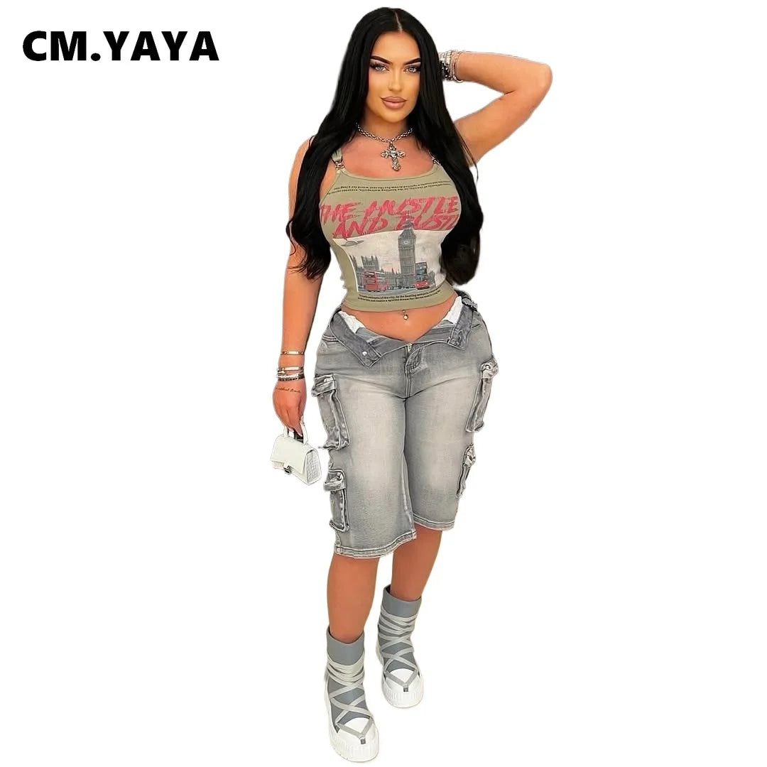 CM.YAYA Women Straight Washed Denim Knee Length Cargo Pants 2025 Summer Multi Pocket Street Casual Wide Leg Jeans Trousers