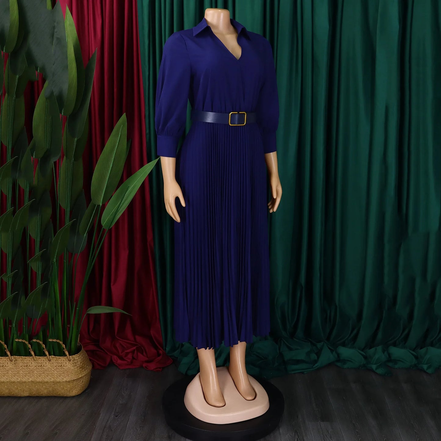 Elegant Office Dresses for Women Pleated Deep V Neck Full Sleeve Belt Waisted Ankle Length African Business Work Wear Dress New