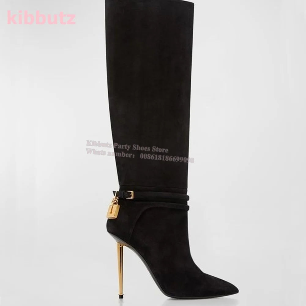 Metal Padlock Key Ankle Boots Genuine Leather Solid Color Pointed Toe Thin Heel Suede Side Zipper Fashion Runway Show Elegant