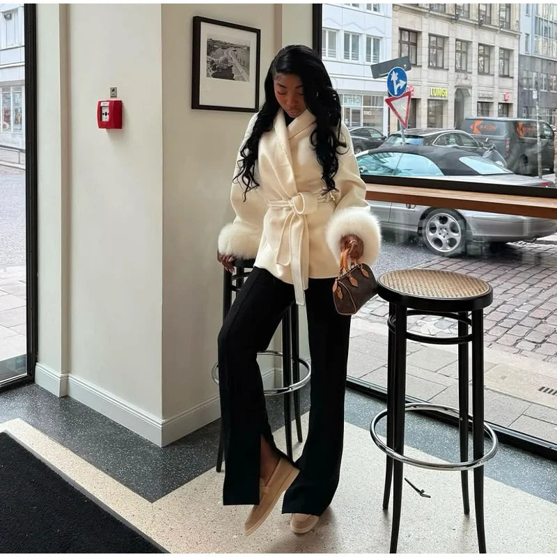 Plush Cuffs Belt Women 's Coats Elegant Lapel Faux Fur Sleeve Twist Open Coat Female 2025 Autumn Winter Fashion Lady Streetwears