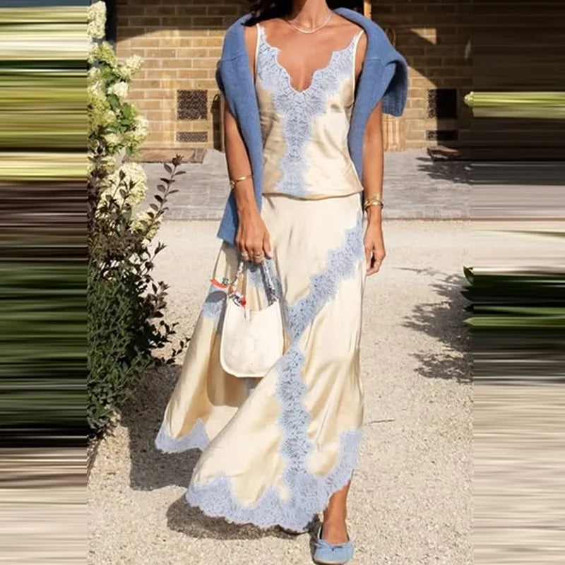 Lace Patchwork Slim Fit Two Piece Set Sexy Lady V Neck Sling Top and Long Skirt Suit Fashion Hollow Out Sleeveless Summer Outfit