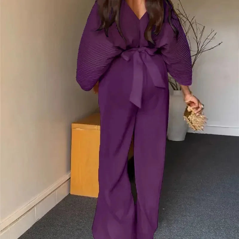 Pleated Blouse V Neck Full Sleeve and Wide Leg Pants Women Loose 2 Pieces Sets Elegant Office Ladies African Outfits 2025