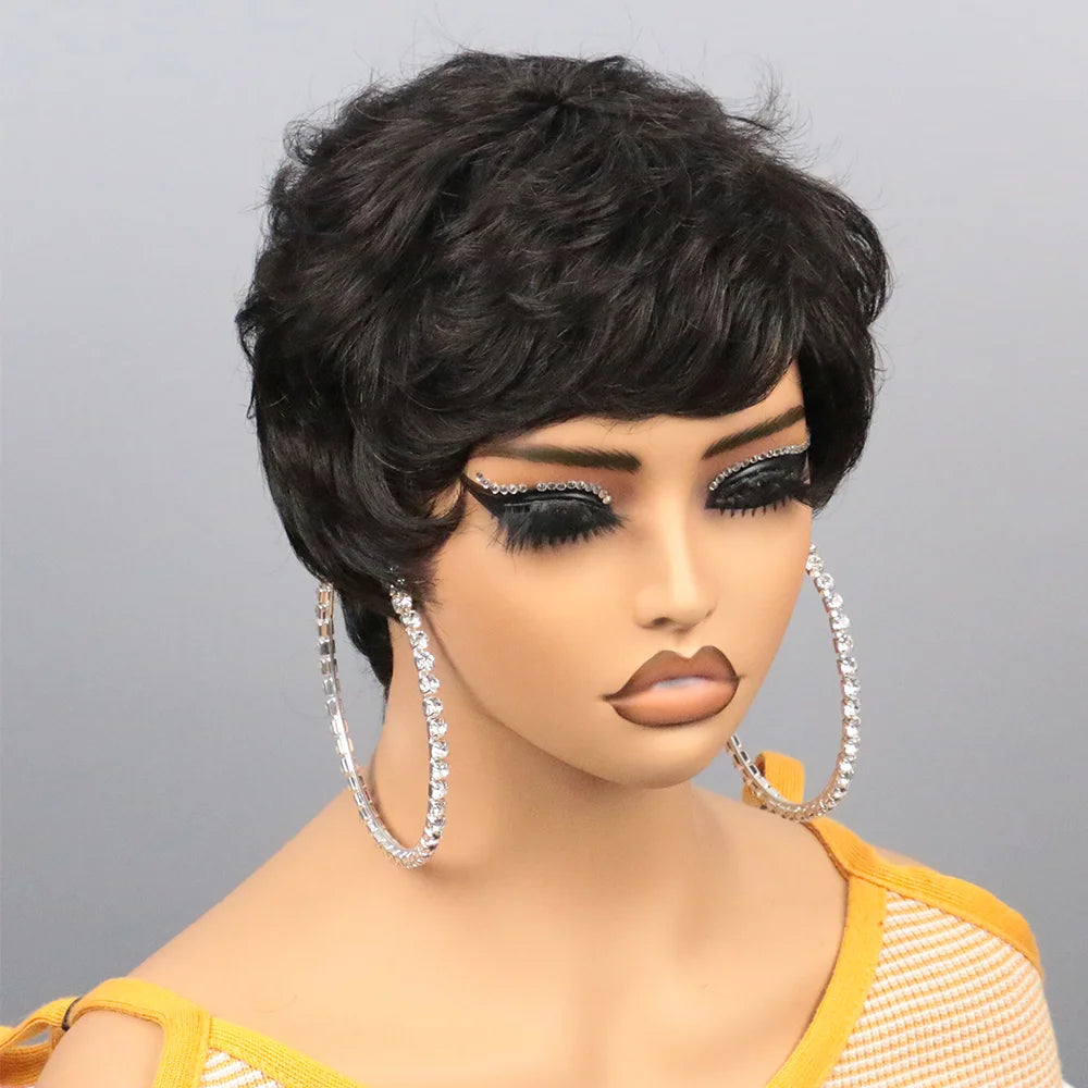 Short Bob Wig Human Hair for Black Women Pixie Cut wigs Human Hair Wig Glueless Wig None Lace Front Wig with Bangs Natural Black