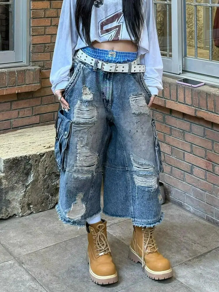 2025 American Vintage Old Baggy Slim Machete Denim Shorts Female Y2K Harajuku Hot Girl Washed Hole Denim Cropped Pants Tide