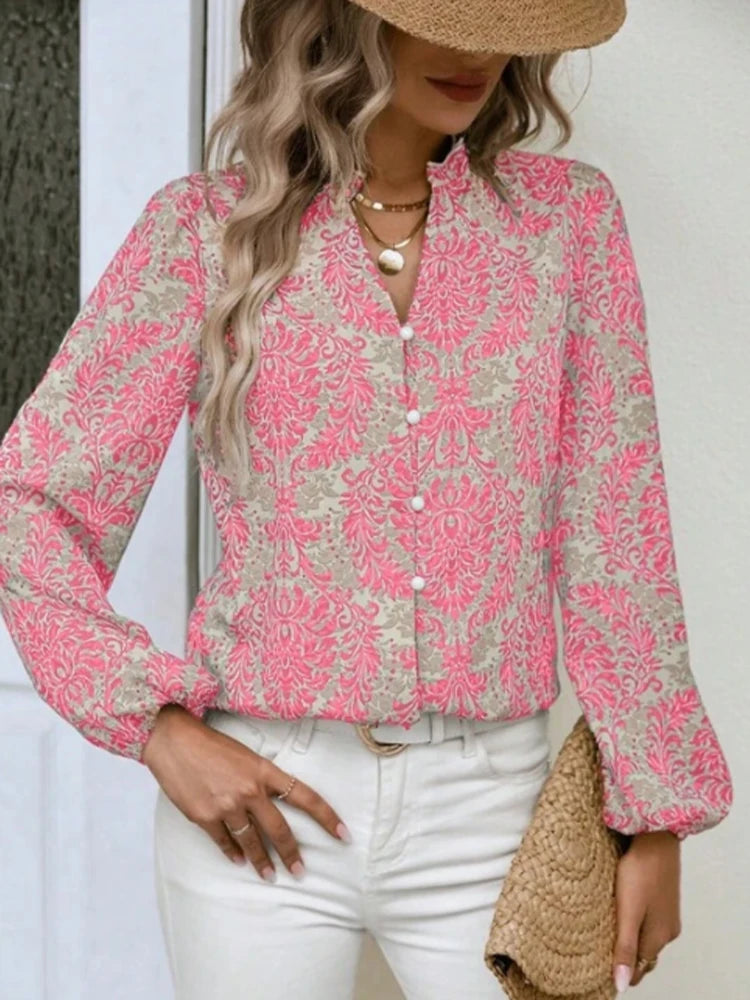 Women's Long Sleeve Shirt V-Neck Embellished Pleated Lantern Sleeves Full Print Button-Up for Summer and Autumn