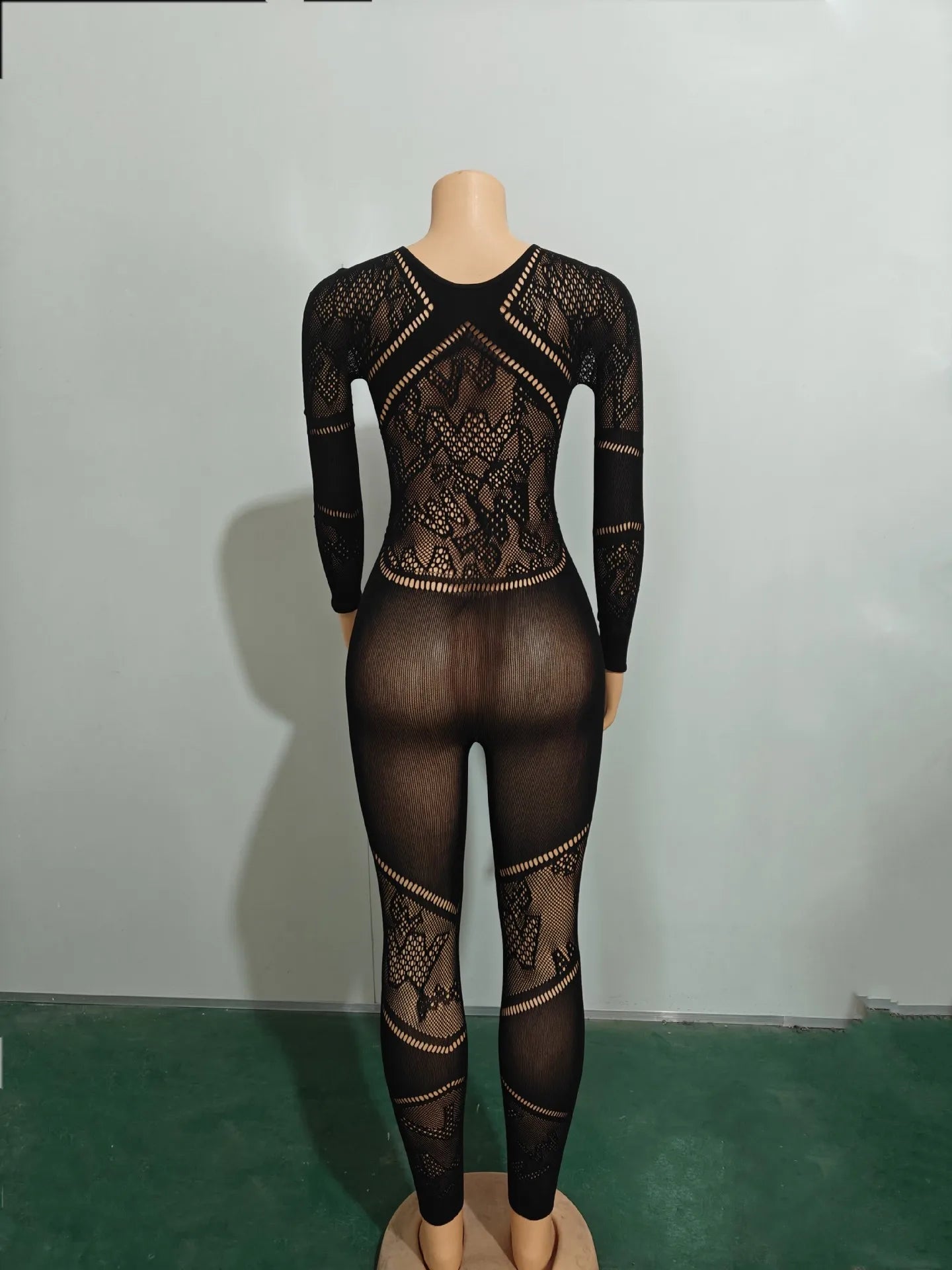 CM.YAYA Long Sleeve Sexy Mesh Lace Hollow Out Women’s Jumpsuits 2024 Fall O-Neck Night Club Party Pajamas One Piece Outfits