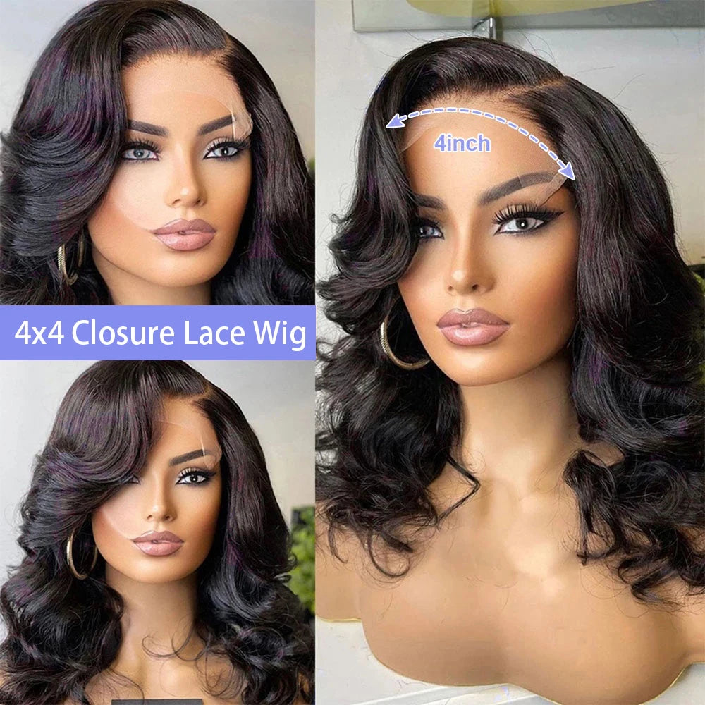 Black Body Wave Bob Wigs 13x4 Lace Frontal 4x4 Closure Lace Front Pre Plucked 100% Human Hair Wig Loose Water Wave Short Bob Wig