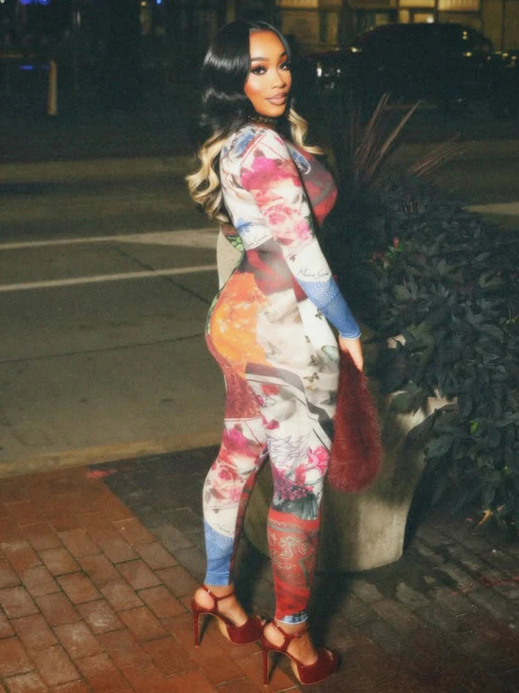Colorful Patchwork Long Sleeve Jumpsuit Outfit for Women