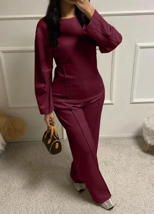 Autumn Casual Loose 2-Piece Set of Solid Color Round Neck Pit Stripe Spliced Top and High Waisted Straight Leg Pants Set