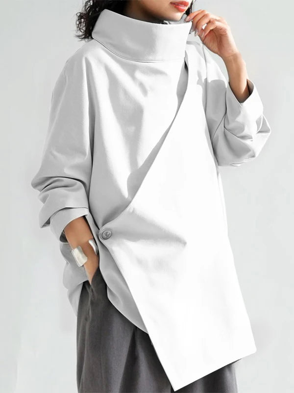 Gymystars 2025 New White Long Sleeves Loose High Neck T-Shirts Tops Womens Autumn Buttoned Casual Simpie Top