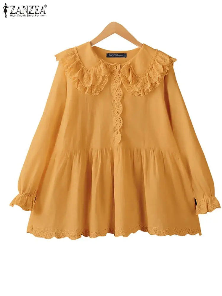 ZANZEA Women Shirts Sweety Doll Collar Tunics Leisure Long Flare Sleeve Button Tops Holiday Lace Crochet Patchwork Solid Blouse