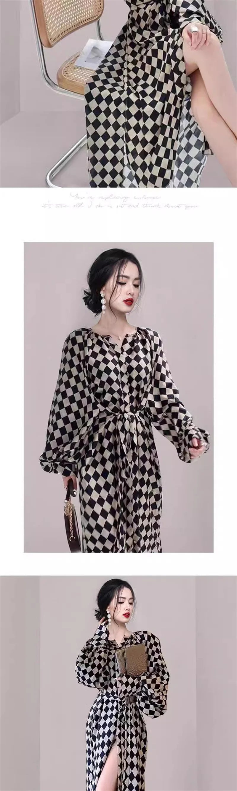 Lace Up Lantern Sleeve Plaid Dress