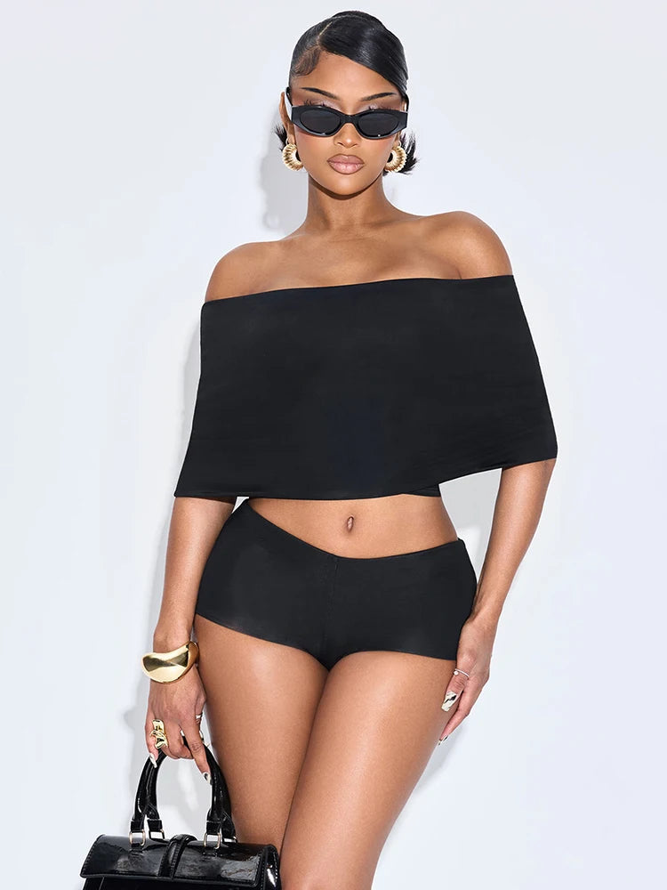 Weird Puss Summer 2 Piece Set Women Simple Trend Slash Neck Mid Sleeve Crop Tops+Shorts+Foot Cover Matching Streetwear Outfits