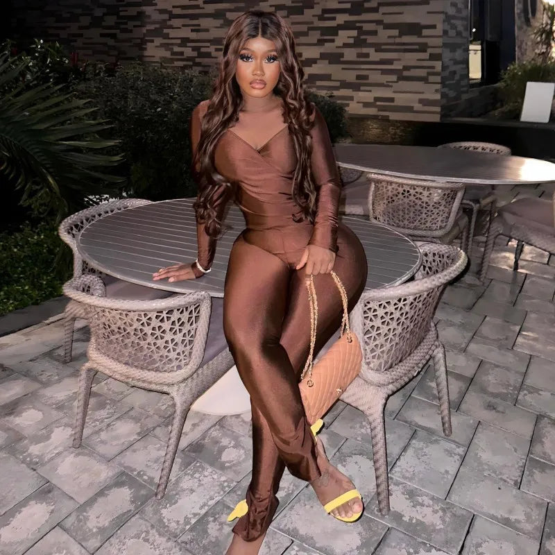 2025 Spring/Summer Women's Sexy Off Shoulder Big V-neck European and American Style High Waist Tight Pants Casual Sports Set