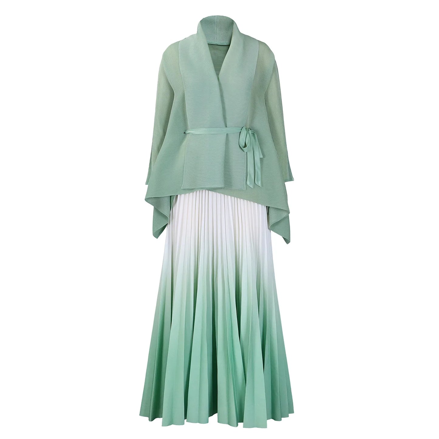 CM.YAYA Gradient Women's Set Full Sleeve Belt Blouse Shirt +Pleated Long Skirts Suit Street Two 2 Piece Set Outfit Tracksuit