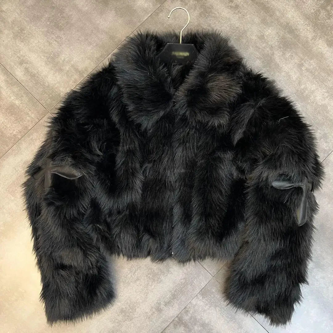 2025 Winter Women Cotton Jacket Lapel Long Sleeve Patch Cross Short Fur Coat Black