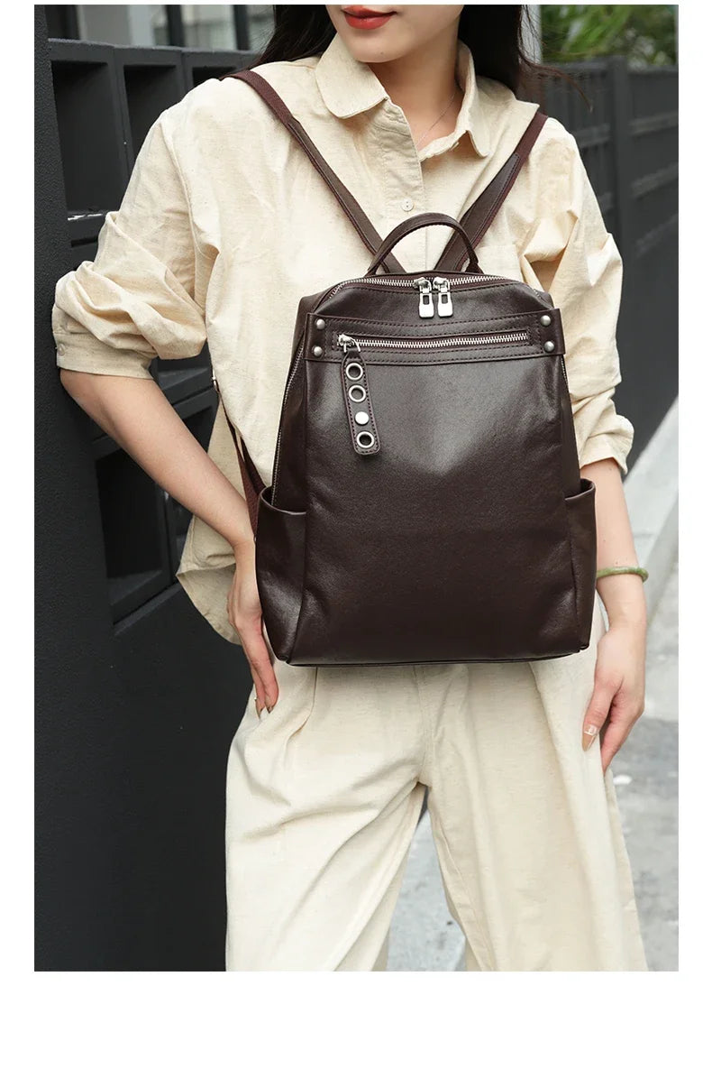 Women's Natural Cow Leather Backpacks Lady Cowhide Design Large Capacity Bags Female Retro Fashion Versatile Backpacks Ladies