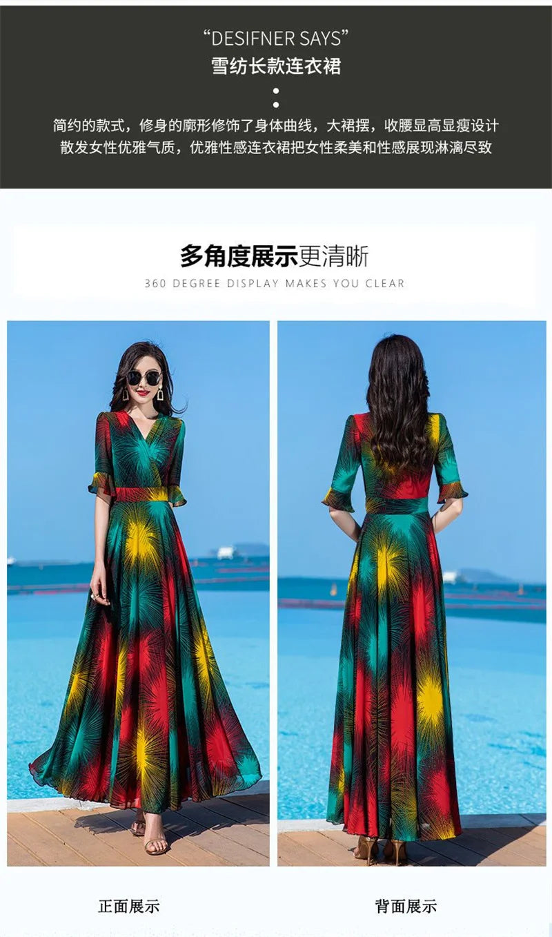Floral Dress 4XL Women's 2025 Summer Chiffon V-Neck Dress High end Style Celebrity Splice A-line Skirt for Women Elegant Mujer