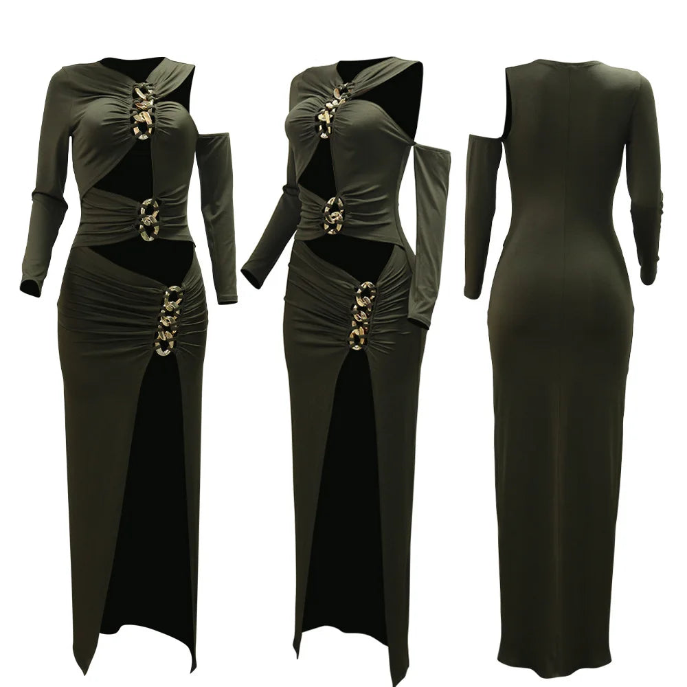 Joskaa Elegant Metal Decoration Hollow Birthday Dress Woman Sexy Irregular Full Sleeve High Split Maxi Dresses 2025 Clubwear