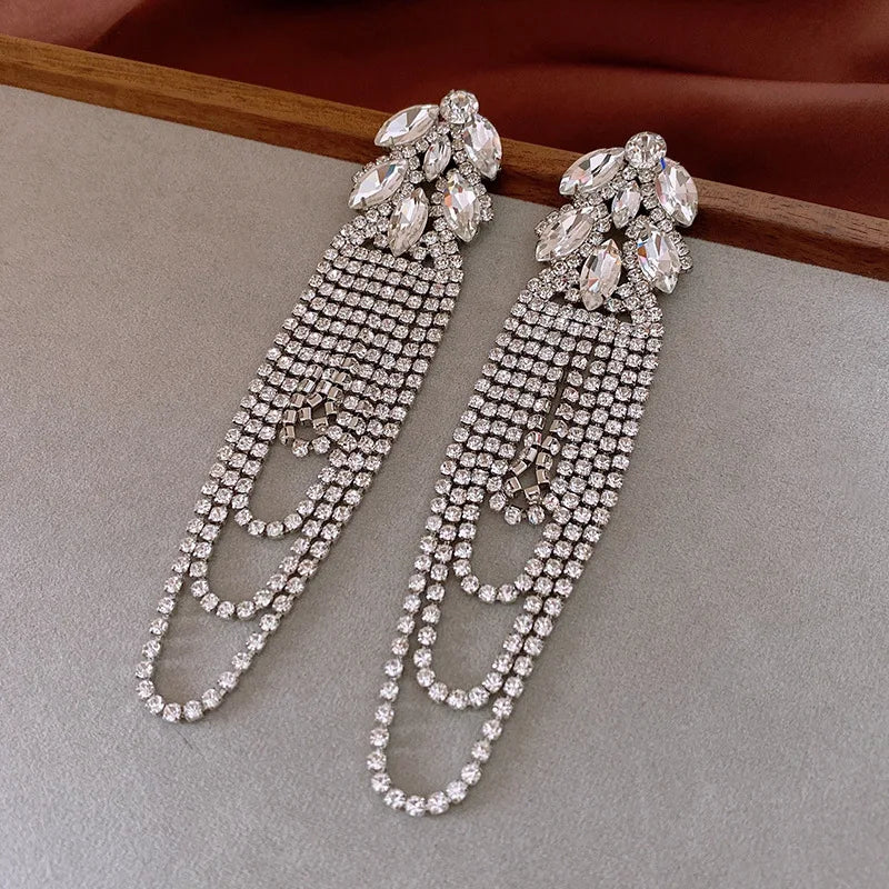Long Rhinestone Leaf Tassel Drop Earrings for Women