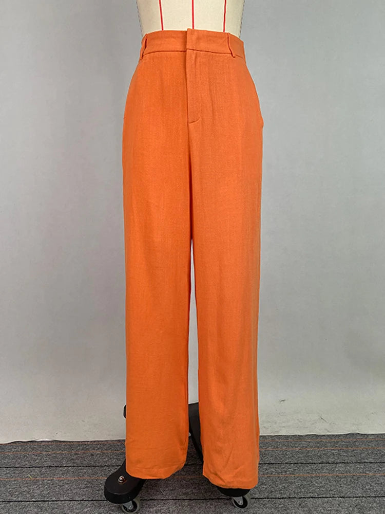Beautyblue High Waisted Pants Women's Summer Wide Leg Straight Trousers Casual Loose Pockets Orange Elegant Female Office Pants