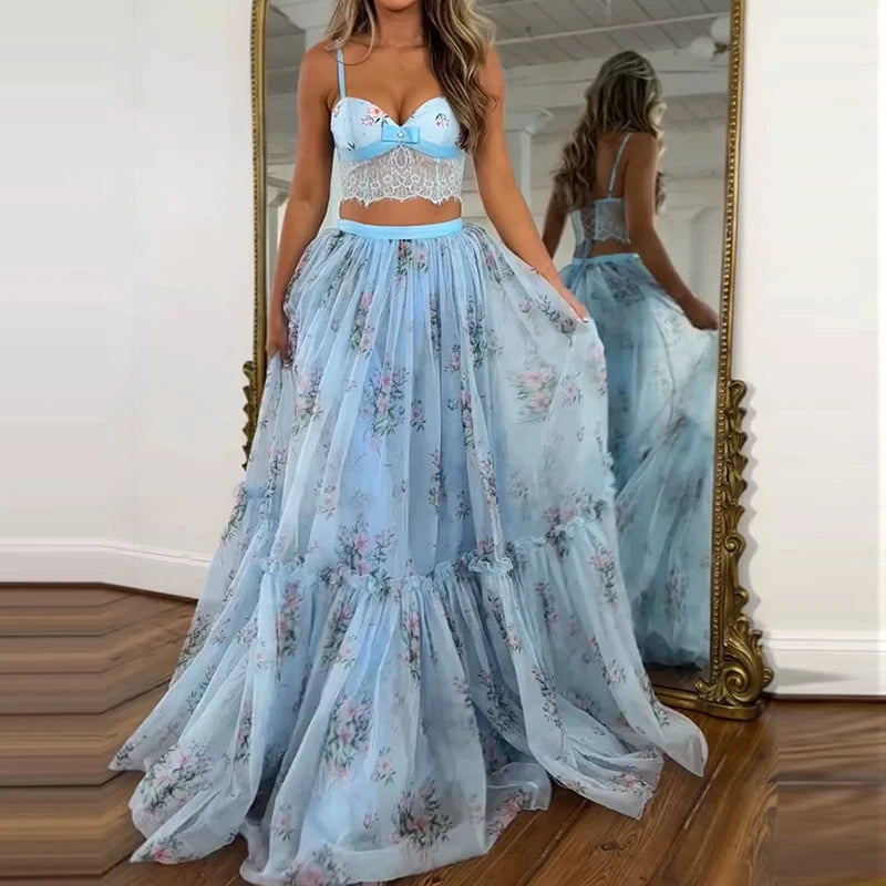 Printed Spaghetti Strap Top and Maxi Skirt Set for Women