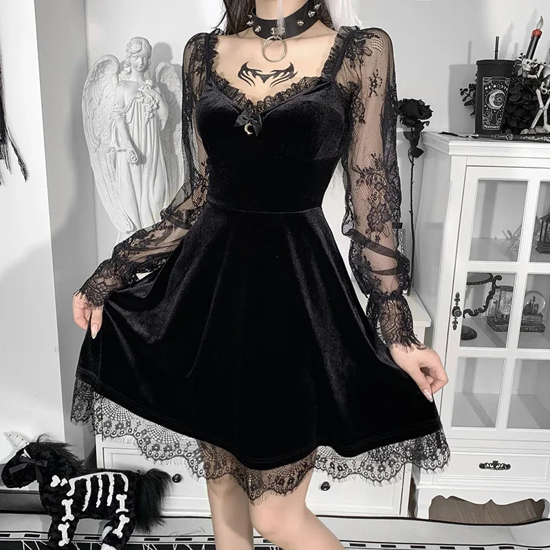 Y2K Hollow Cuffs Strapless Sexy Gothic Lace Dress Dark Style Pleated Knee-length Skirt Women‘s Slim Fit Fashion Women's Clothing