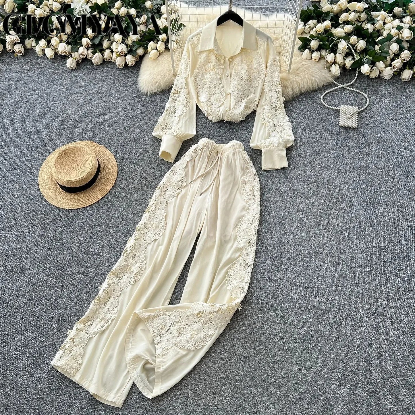 CM.YAYA Fashion Lace Embroidery Patchwork Women's Set Long Sleeve Shirt and Wide Leg Pants 2025 Vacation Two 2 Piece Sets Outfit