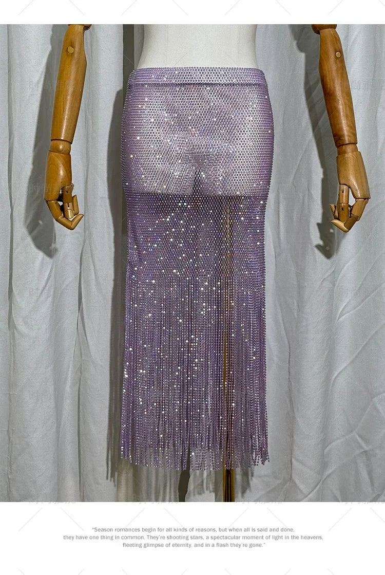 Women's Clothes High Waist Skirt Winter 2025 Early Autumn New Socialite Light Luxury Heavy Embroidery Sequins Tassel Midi Skirts