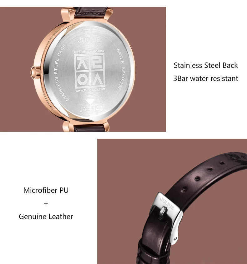 Aquarius CZ Julius Lady Women's Watch Japan Quartz Fashion Rhinestones Hours Bracelet Real Leather Girl's Gift Box