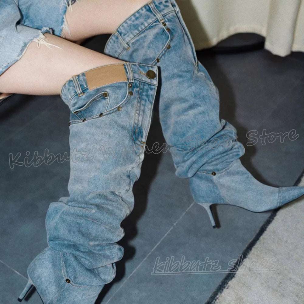 Pocket Over The Knee Boots Denim Cloth Slip-On Bottom Solid Color Novelty Fashion Concise Sexy Hot Girls Shoes Pointy Thin Heels