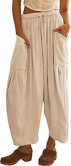 Loose Wide Leg Pants Women's Clothing Elastic Waist Pleated High Waist Casual Cotton Linen Solid Color Trousers Pants