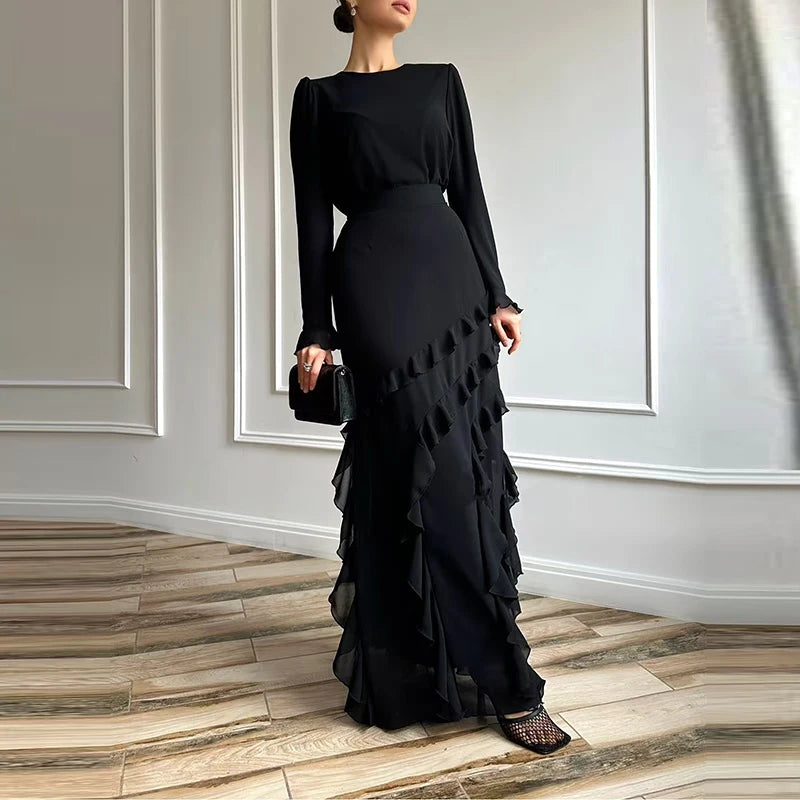 2025 Spring Fall Solid 2pc Set Elegant Slim Design Suit Banquets Fashion Women's O Neck Long Sleeved Top + Ruffled Skirt Outfit