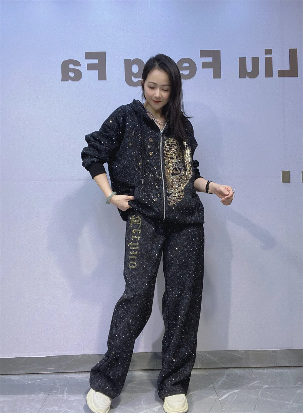 2025 Autumn Tie-dye Zipper Hooded 2 Piece Sets Woman Casual Sequins Oversized Straight Pant Sets Vestidos Sportsuits Bust 130cm