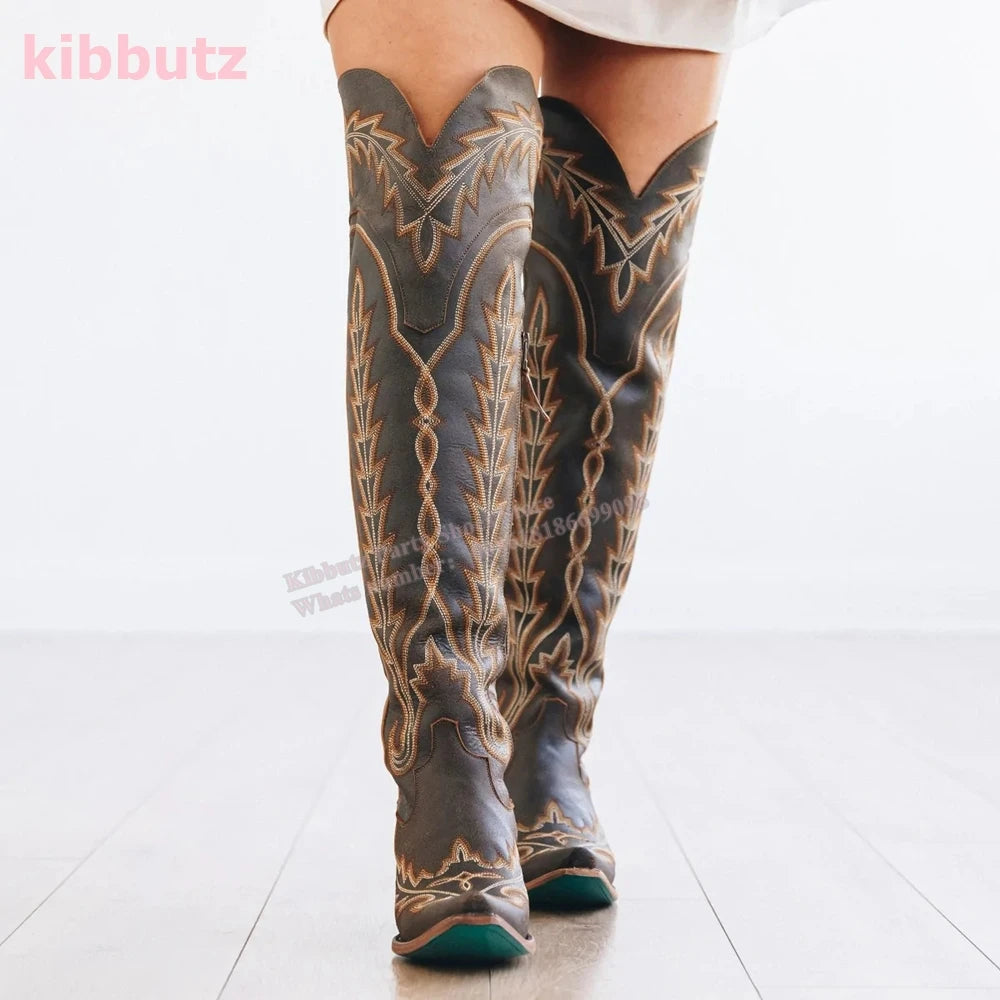 Rivet Cowboy Vintage Boots Over The Knee High Embroidery Lace-Up Luxury Leather Pointed Toe Chunky Heels Fashion Concise Shoes