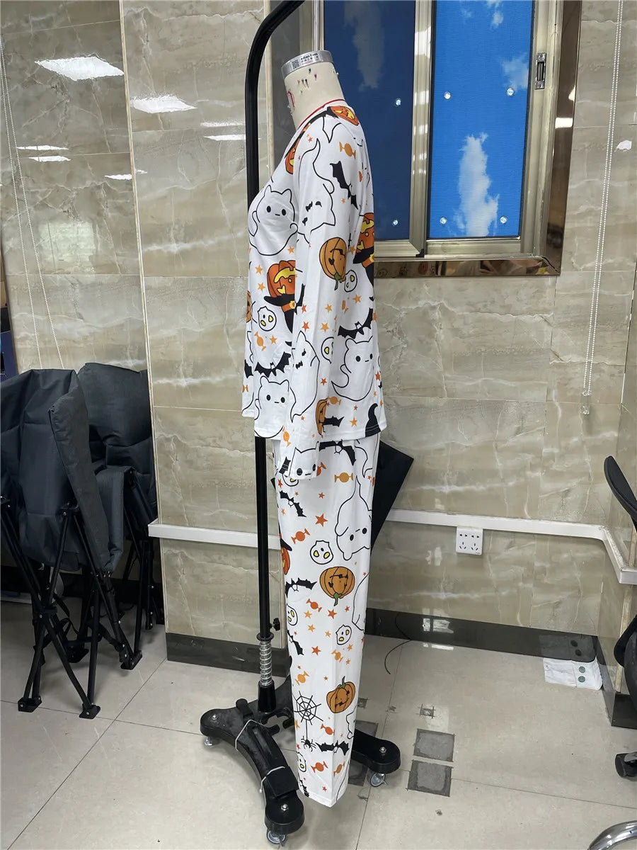 Women Pajama Sets Halloween Ghosts and Pumpkin Print Spooky Outfits Sleepwear Long Sleeve Round Neck Tops Long Pants Suits Pjs