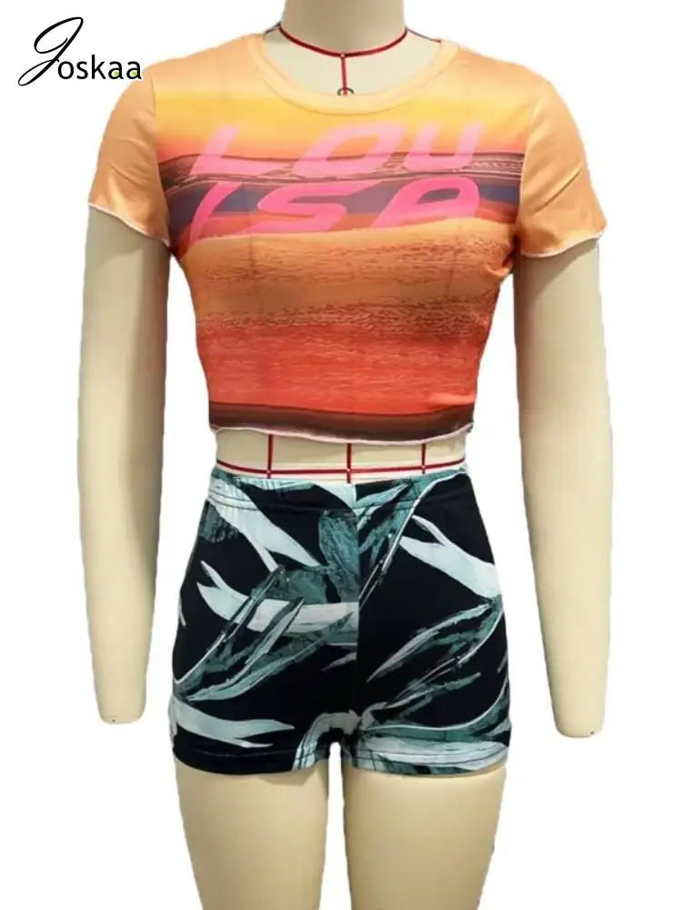Joskaa 2025 Summer Print 2 Piece Set Women Hipster Short Sleeve Crop T-Shirt+Shorts Match Holiday Beach Outfits Streetwear S-XXL