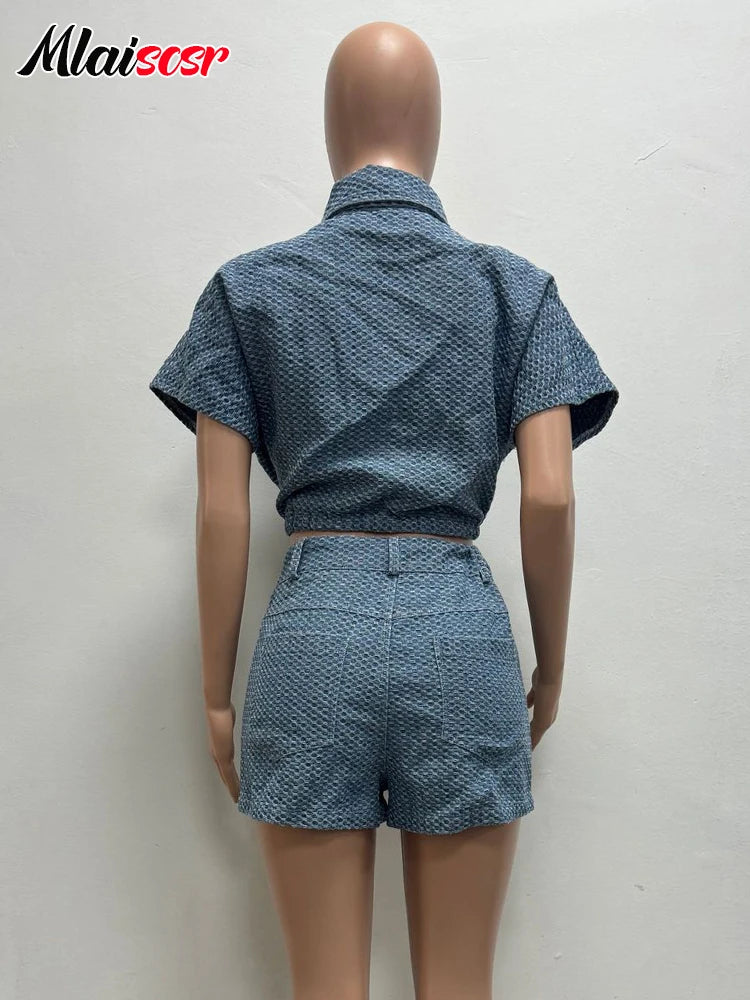 Mlaiscsr Fashion Blue Denim Splicing Shorts 2 Piece Sets Women Short Sleeve Crop Jacket and Short Pants Casual Streetwear Outfit