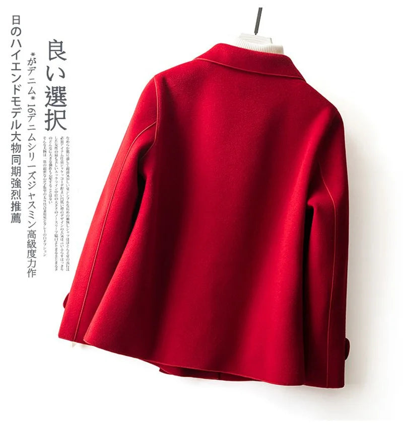 High-Quality Double-Sided Woolen Coat For Women 2024 New Short With Temperament Doll Neck Mother's Outfit Woolen Coat Female Red