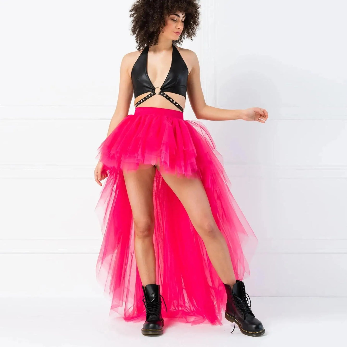 MisShow Hi-Lo Tulle Petticoat Women's Long Four Layer Puffy Skirt Fuchsia Tutu Skirts Adult Junpon Goth For Party Cocktail